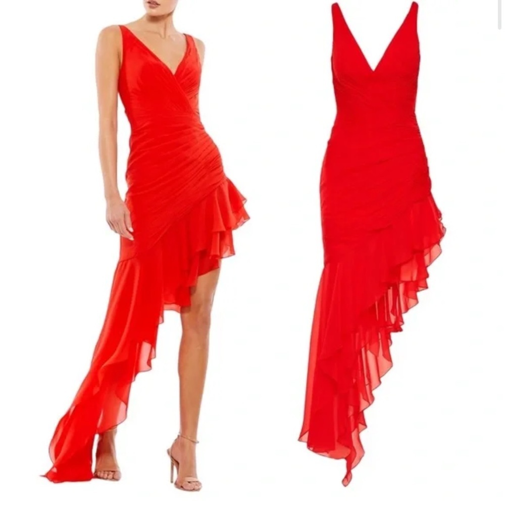 New Mac Duggal ASYMMETRICAL RUFFLED V-NECK CHIFFON DRESS sz 2